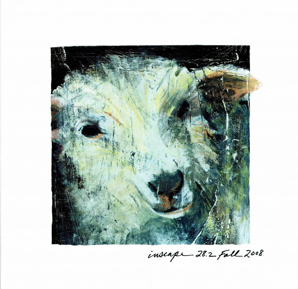 an image of a painting of a sheep with a black background