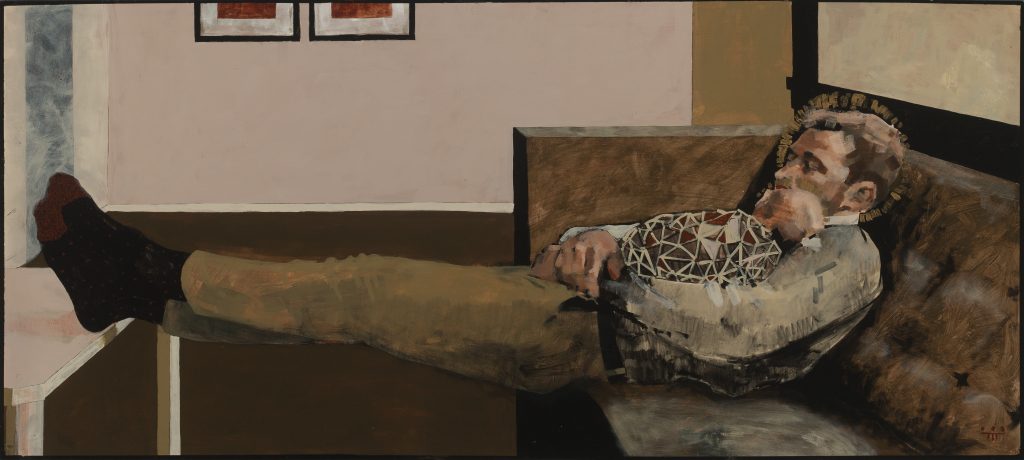 A painting of a man sitting on a couch holding a baby