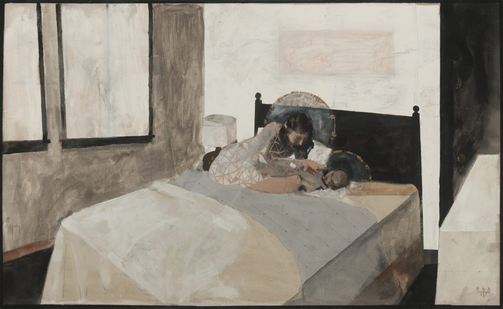 A painting of a woman and a baby on a bed