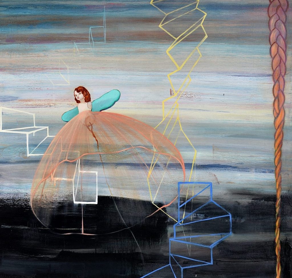 A painting of a woman with wings in a dress