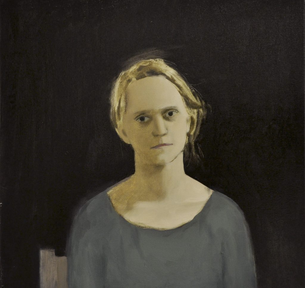 A painting of a woman in a blue shirt