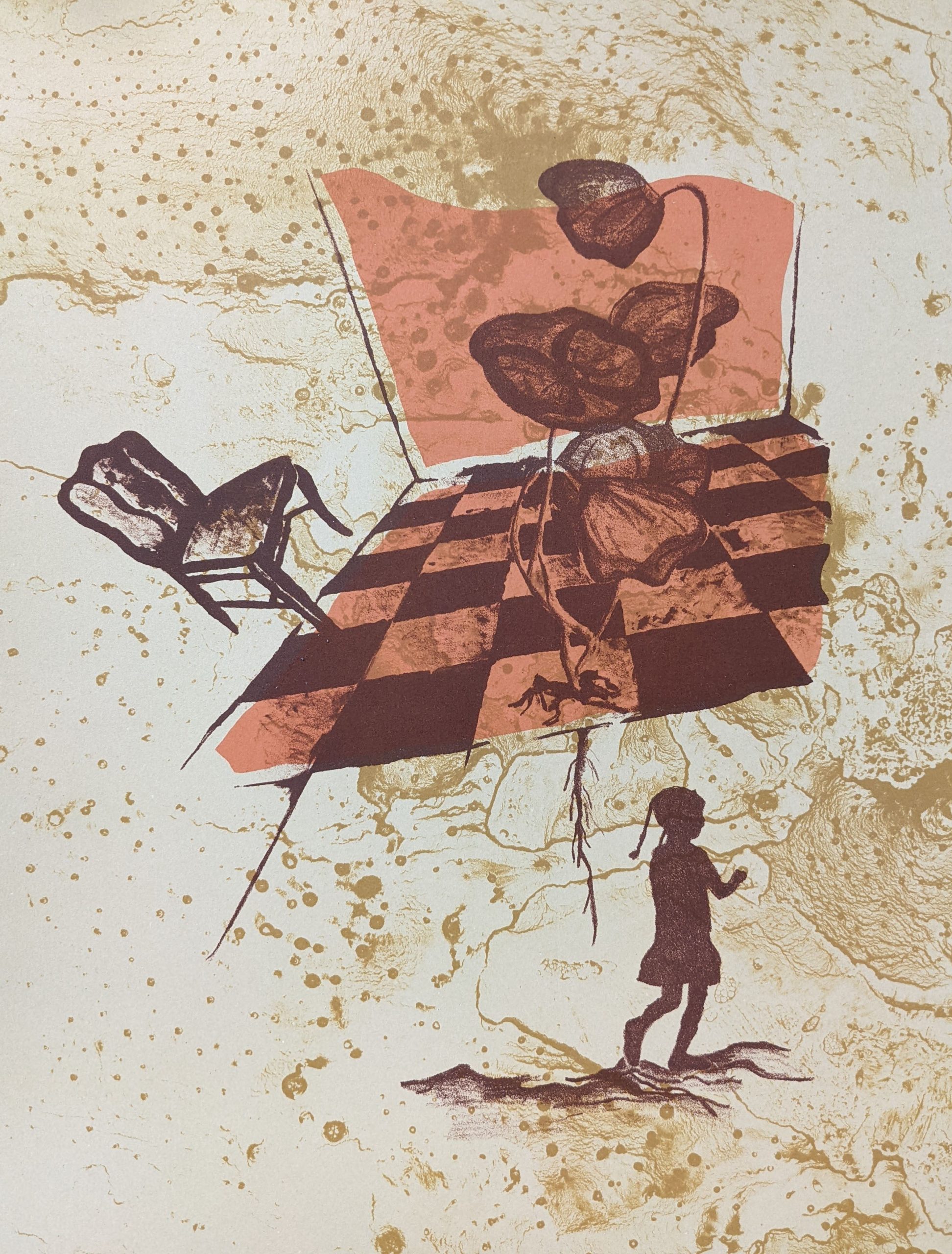 Silhouette of a girl walking to right with a checkerboard floor floating above her with a chair leaning off of it and large flowers growing from underneath.