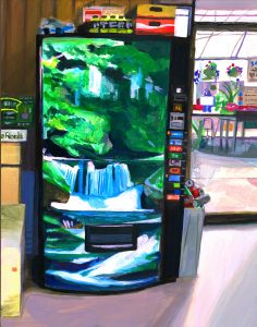 Soda vending machine in a shop with a painting of waterfalls in a forest on the machine.