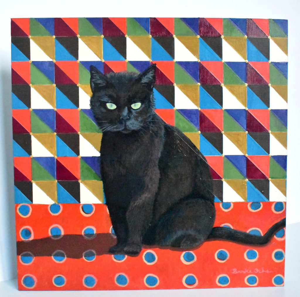 Art piece depicting a black cat with a colorful geometric background.