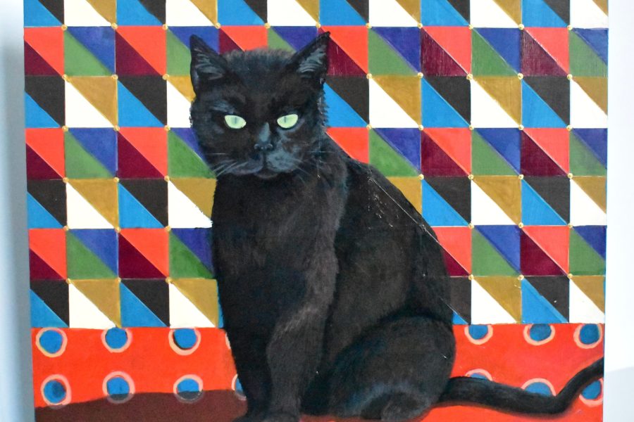 Art piece depicting a black cat with a colorful geometric background.