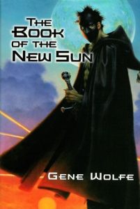 Cover of Book of the New Sun by Gene Wolfe, depicting a man holding a sword standing in front of the moon.