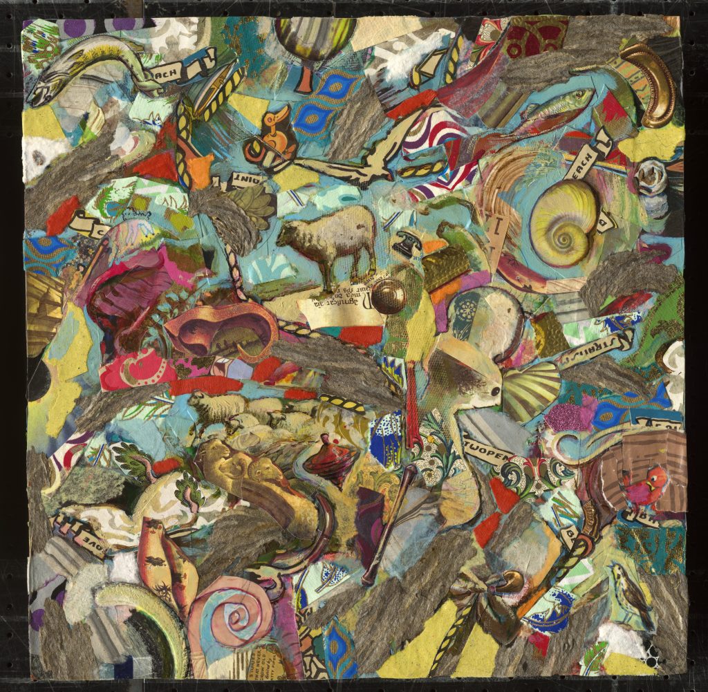 A painting with a collage of animals, items, colors, and more: some of these include a sheep, a snail shell, a lollipop, with colors of yellow, blue, browns, reds, etc.