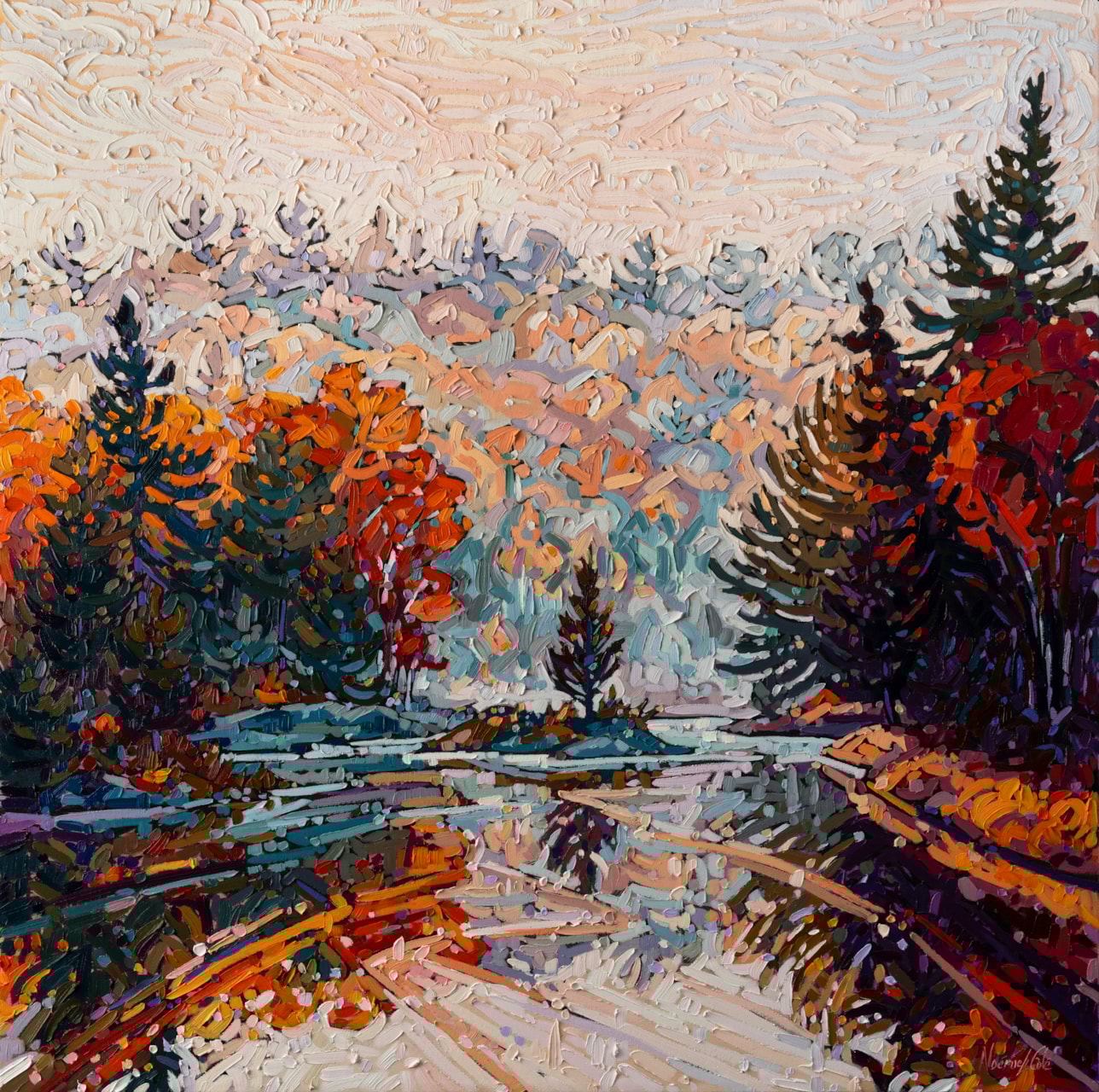 Painting of autumn trees by a river
