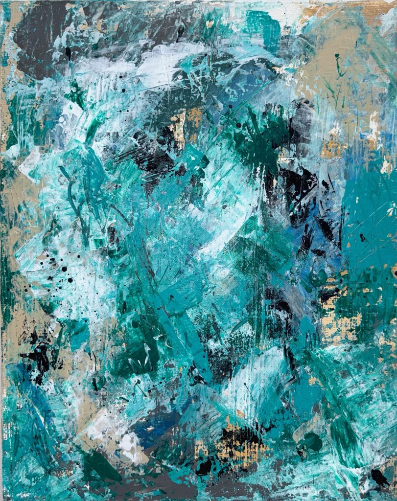Abstract painting in vibrant blue, cyan, and turquoise.