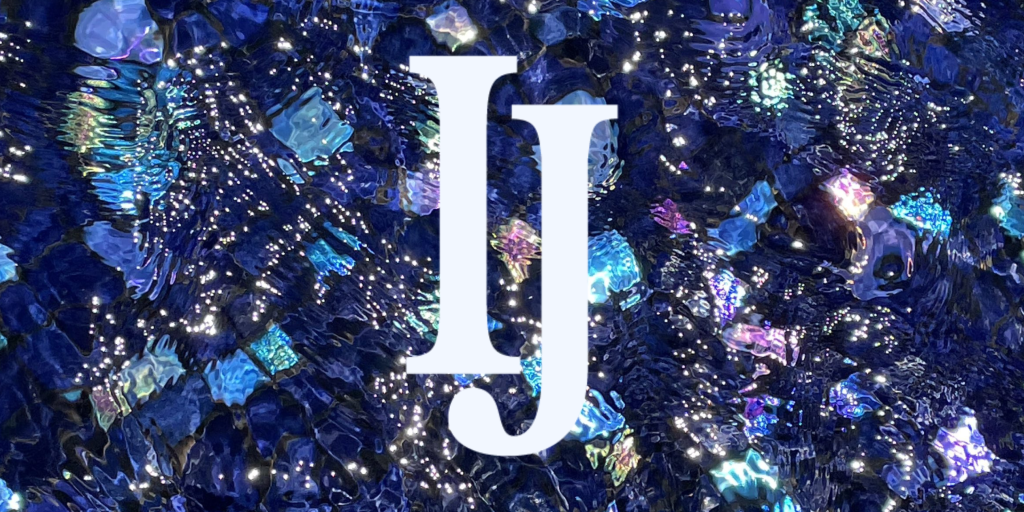 Blue tiled fountain bottom, seen through water, with white IJ (Inscape Journal) logo.