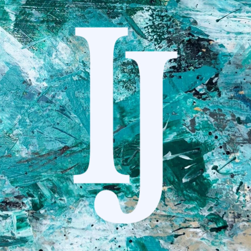 Abstract painting in vibrant blue, cyan, and turquoise with IJ (Inscape Journal) logo.