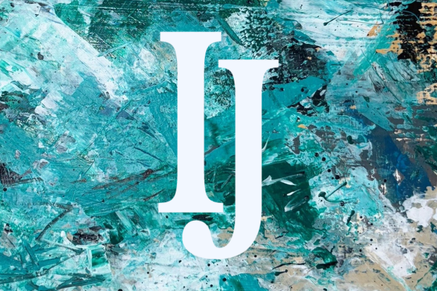 Abstract painting in vibrant blue, cyan, and turquoise with IJ (Inscape Journal) logo.